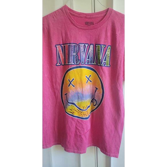 ❤️ Nirvana Acid Wash Smiley Face T-Shirt Size Large Short Sleeve Pink, New - Picture 1 of 3